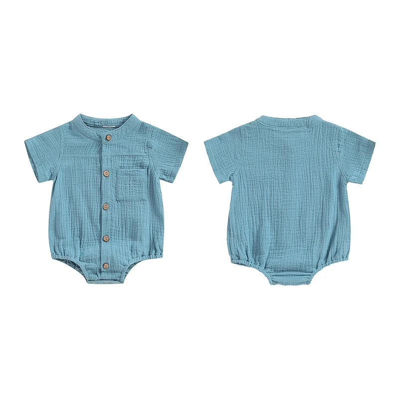 Baby Boy Romper Casual Button Down Round Neck Short Sleeve Jumpsuit