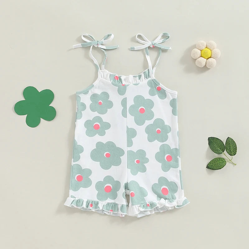 Toddler Kids Girls Romper Ruffles Sleeveless Flower Print Tie Tank Top Strap Summer Shorts Playsuit Jumpsuit