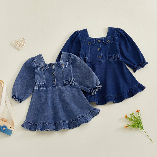 Baby Toddler Girl Denim Dress Long Puff Sleeve Button Down A-Line Dress Ruffle Dress