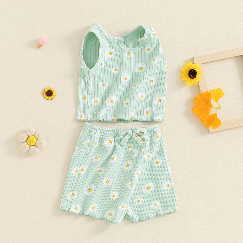 Baby Toddler Kids Girls 2Pcs Summer Clothes Set Sleeveless U Neck Flower Daisy Print Tank Top Shorts Set