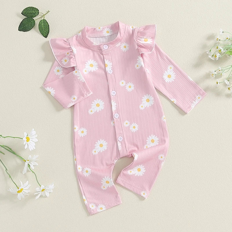 Baby Girls Button Romper Daisy Flower Print Ruffles Long Sleeve Jumpsuit