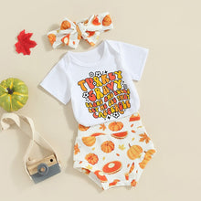 Load image into Gallery viewer, Baby Girls 3Pcs Turkey Gravy Print Short Sleeve Romper Pumpkin Print Shorts Headband
