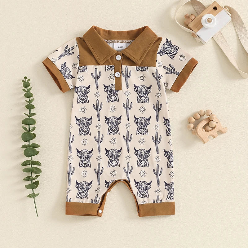 Baby Boy Romper Casual Cattle Cow Cactus Print Collar Short Sleeve Jumpsuit