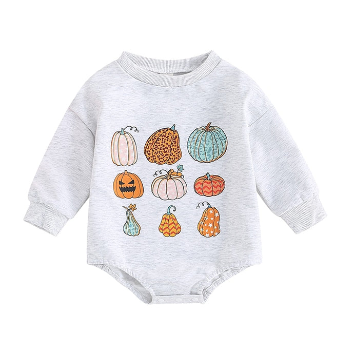 Baby Girls Boys Long Sleeve Crew Neck Pumpkin Print Fall Clothes Halloween Bubble Romper