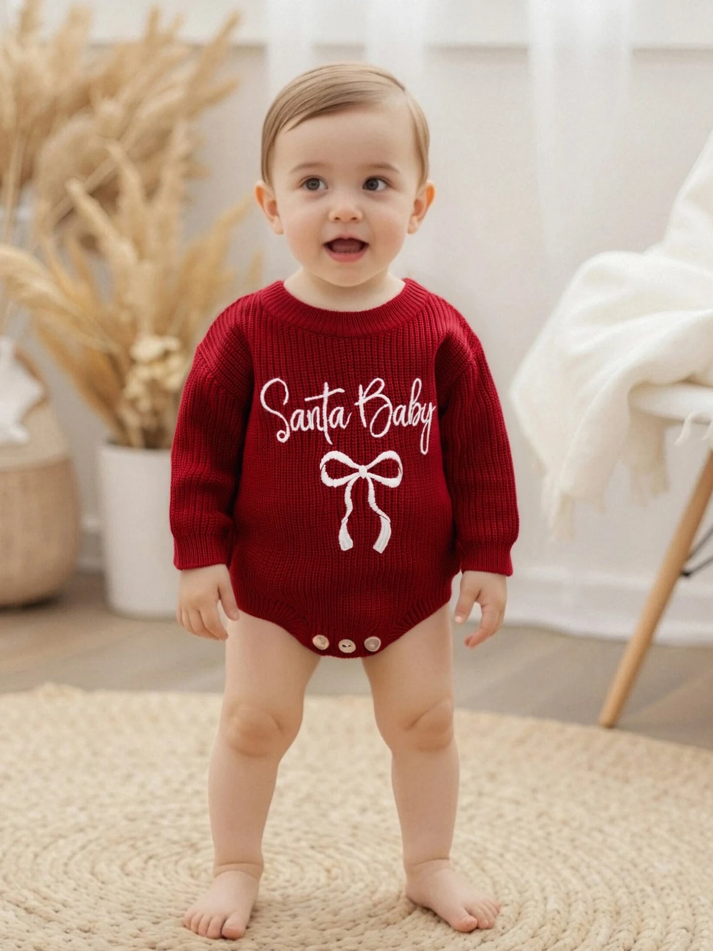 Baby Girl Santa Baby Christmas Romper Loose Fit Letter Bow Embroidery Ribbed Knit Long Sleeve Infant Winter Sweater