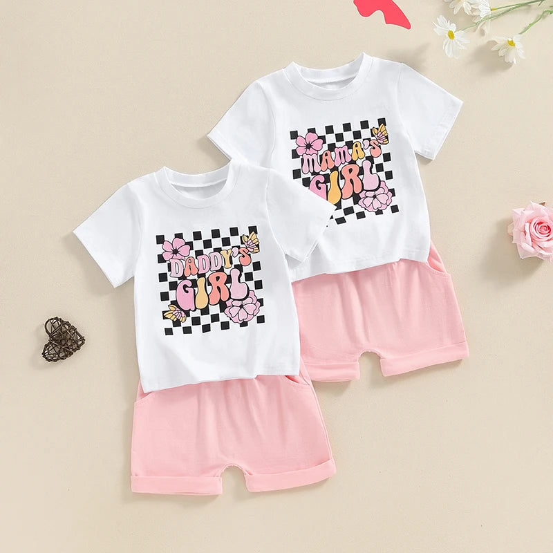 Baby Toddler Girls 2Pcs Mama's / Daddy's Girl Summer Outfit Letter Floral Flowers Checker Print Short Sleeve Top with Solid Color Elastic Waist Shorts Set