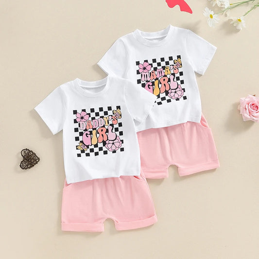 Baby Toddler Girls 2Pcs Mama's / Daddy's Girl Summer Outfit Letter Floral Flowers Checker Print Short Sleeve Top with Solid Color Elastic Waist Shorts Set