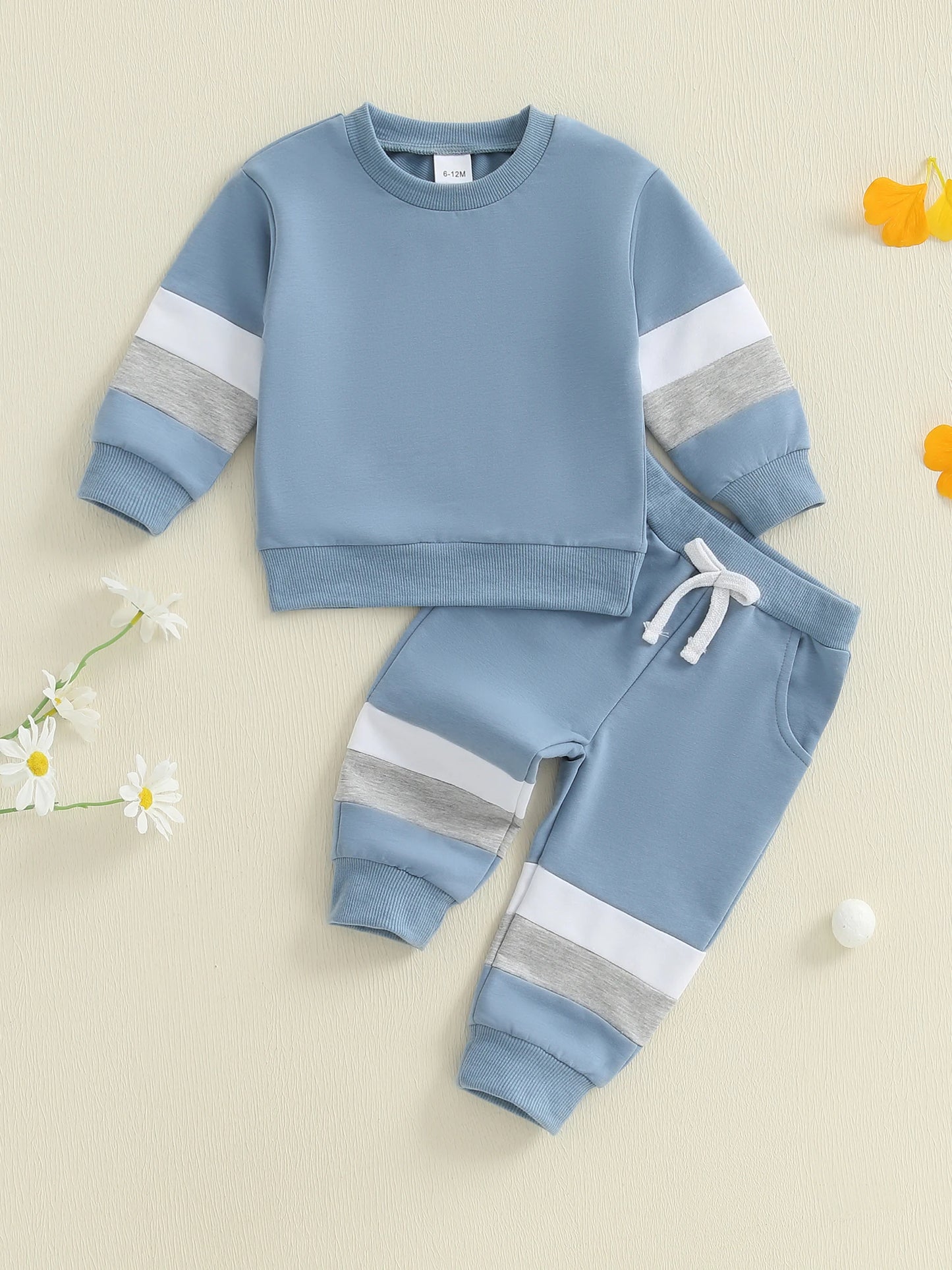 Baby Toddler Boys 2Pcs Casual Clothes Set Color Patchwork Long Sleeve Pullover Top with Elastic Waist Jogger Pants