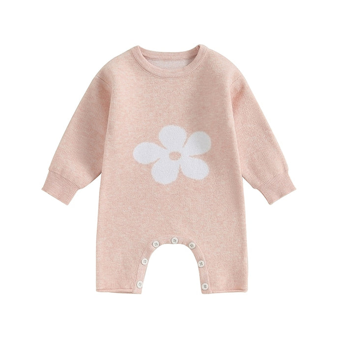 Baby Girl Knit Jumpsuit Flower Print Long Sleeve Round Neck Full Length Romper