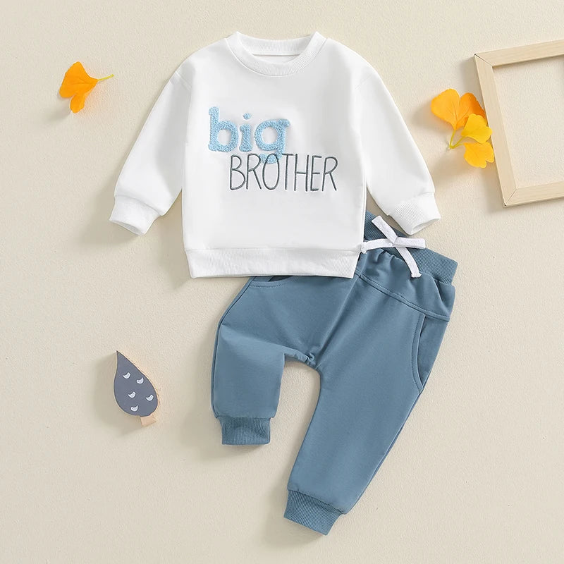 Toddler Kids Boys 2Pcs Big Brother Fall Set Letter Embroidery Long Sleeve Crewneck Top with Solid Color Pants Outfit