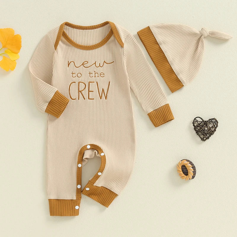 Baby Girls Boys 2Pcs New To The Crew / Little Brother / Sister Autumn Jumpsuit Long Sleeve Crewneck Letter Embroidery Romper with Hat Set