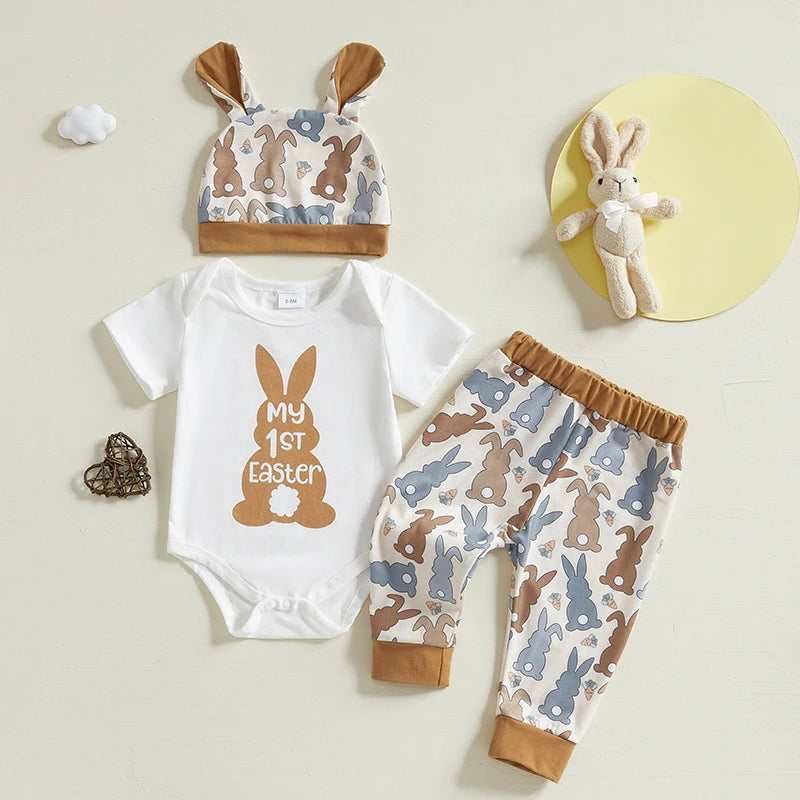 Baby Girl Boy 3Pcs My First 1st Easter Outfit Bunny Print Short Sleeve Romper Bodysuit Long Pants Hat with Rabbit Ears Spring Set