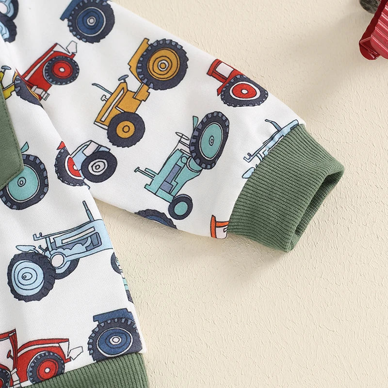 Baby Toddler Boys 2Pcs Farm Outfit Long Sleeve Tractor Print Pocket Top + Pants Set