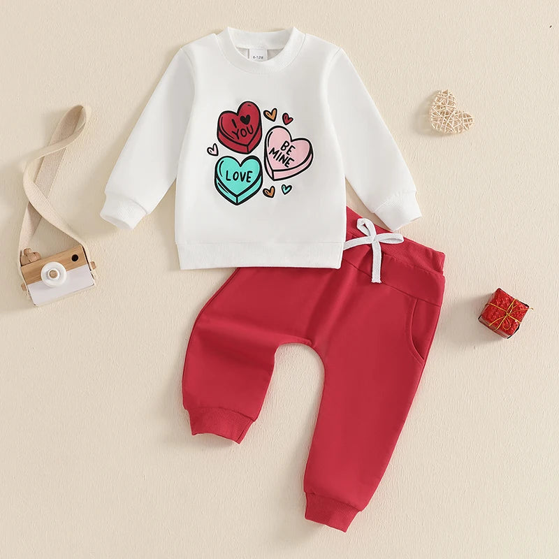 Baby Toddler Boys Girls 2Pcs Valentine's Day Outfit Heart Truck / Infinity You Me / Candy Hearts Print Crew Neck Long Sleeve Top Long Pants Valentines Jogger Set