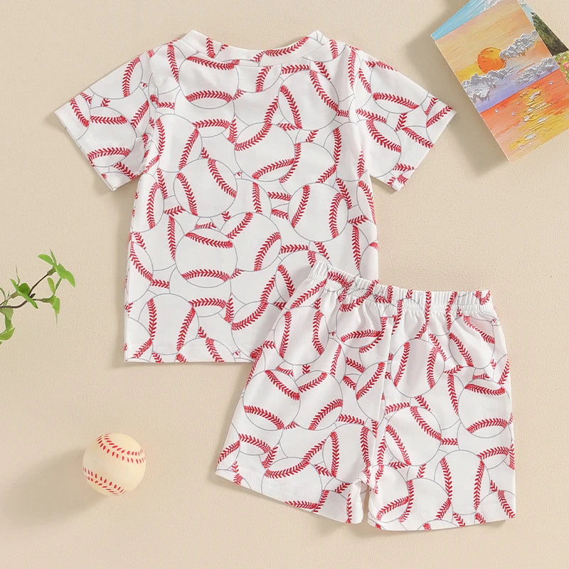 Baby Toddler Boys 2Pcs Baseball Print Pocket Short Sleeve Top Elastic Waist Shorts Clothes Set Outfit