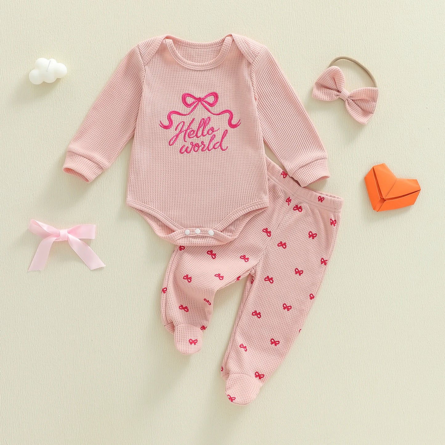 Baby Girl 3Pcs Hello World Spring Outfits Waffle Bow Letter Embroidered Long Sleeve Romper Footie Pants and Bow Headband 3 Pcs Set