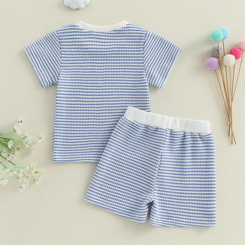 Baby Toddler Girl Boys 2Pcs Summer Outfit Waffle Striped Short Sleeve T-shirt Top Elastic Waist Shorts Set