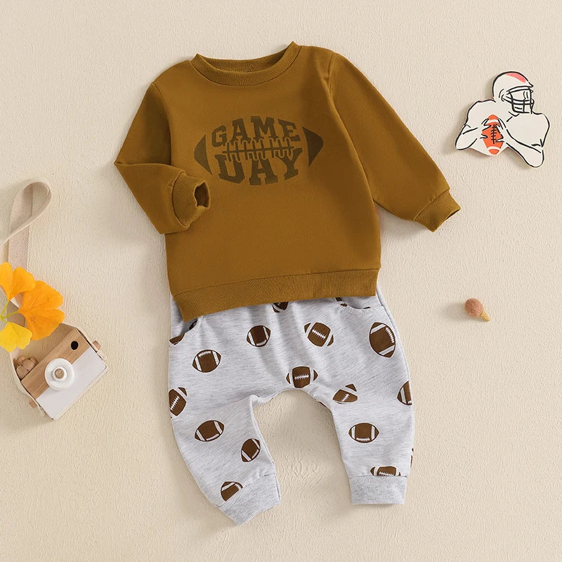 Baby Toddler Boys 2Pcs Game Day Fall Outfit Football Print Long Sleeve Top and Elastic Pants Jogger Set