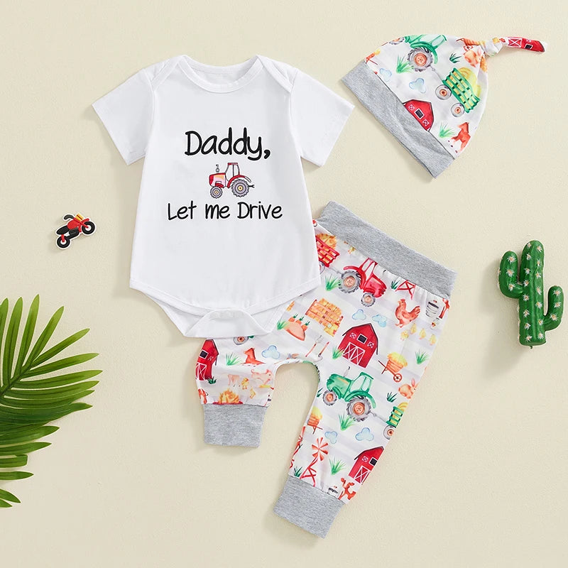 Baby Boys 3Pcs Daddy Let Me Drive Letter Print Short Sleeve Romper Farm Barn Tractor Print Long Pants Hat Outfit Set