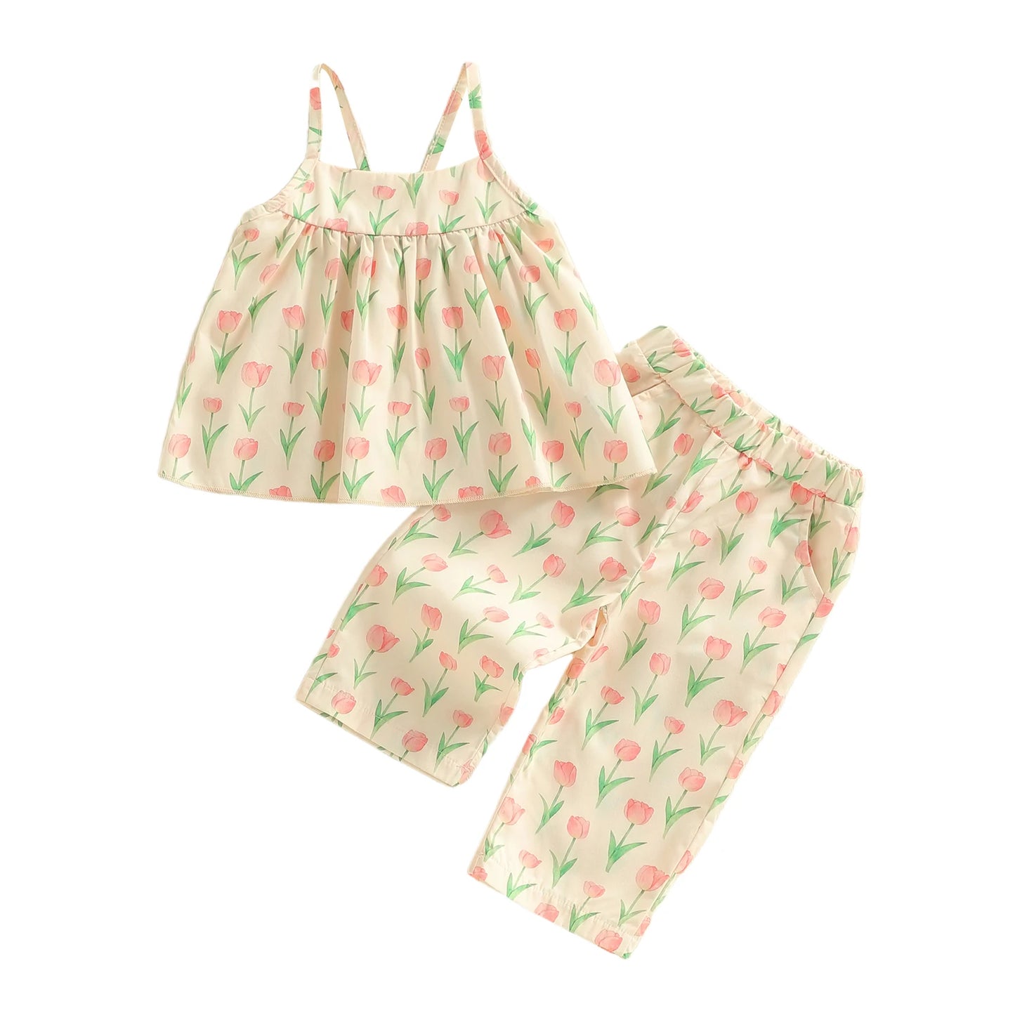 Baby Toddler Girls 2Pcs Outfit Sleeveless Tulip Print Cami Tank Top Pants Spring Set