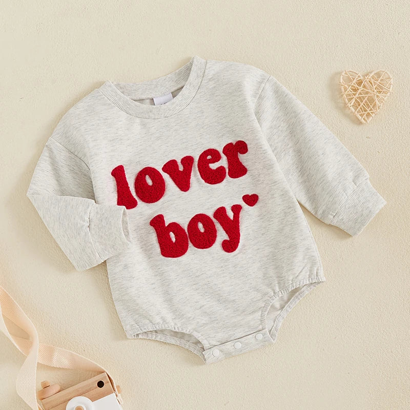 Baby Boys Lover Boy Valentine's Day Bubble Romper Long Sleeve O-Neck Embroidery Letters Valentines Bodysuit