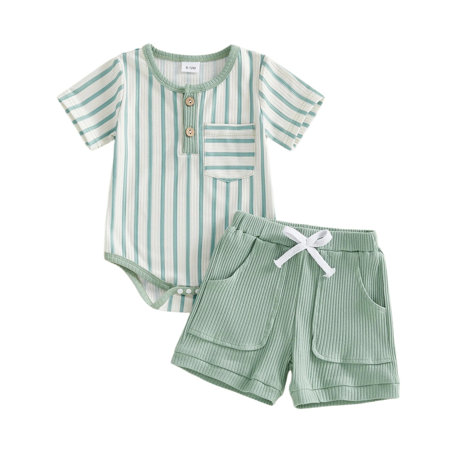 Baby Toddler Boys 2Pcs Summer Outfits Short Sleeve Stripes Print Romper Shorts Set