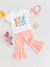 Load image into Gallery viewer, Toddler Baby Girl 3Pcs Easter Outfit Short Sleeve Bunny Squad Rabbit Print T-shirt Top Stripe Flare Pants Bell Bottoms with Bow Headband Set
