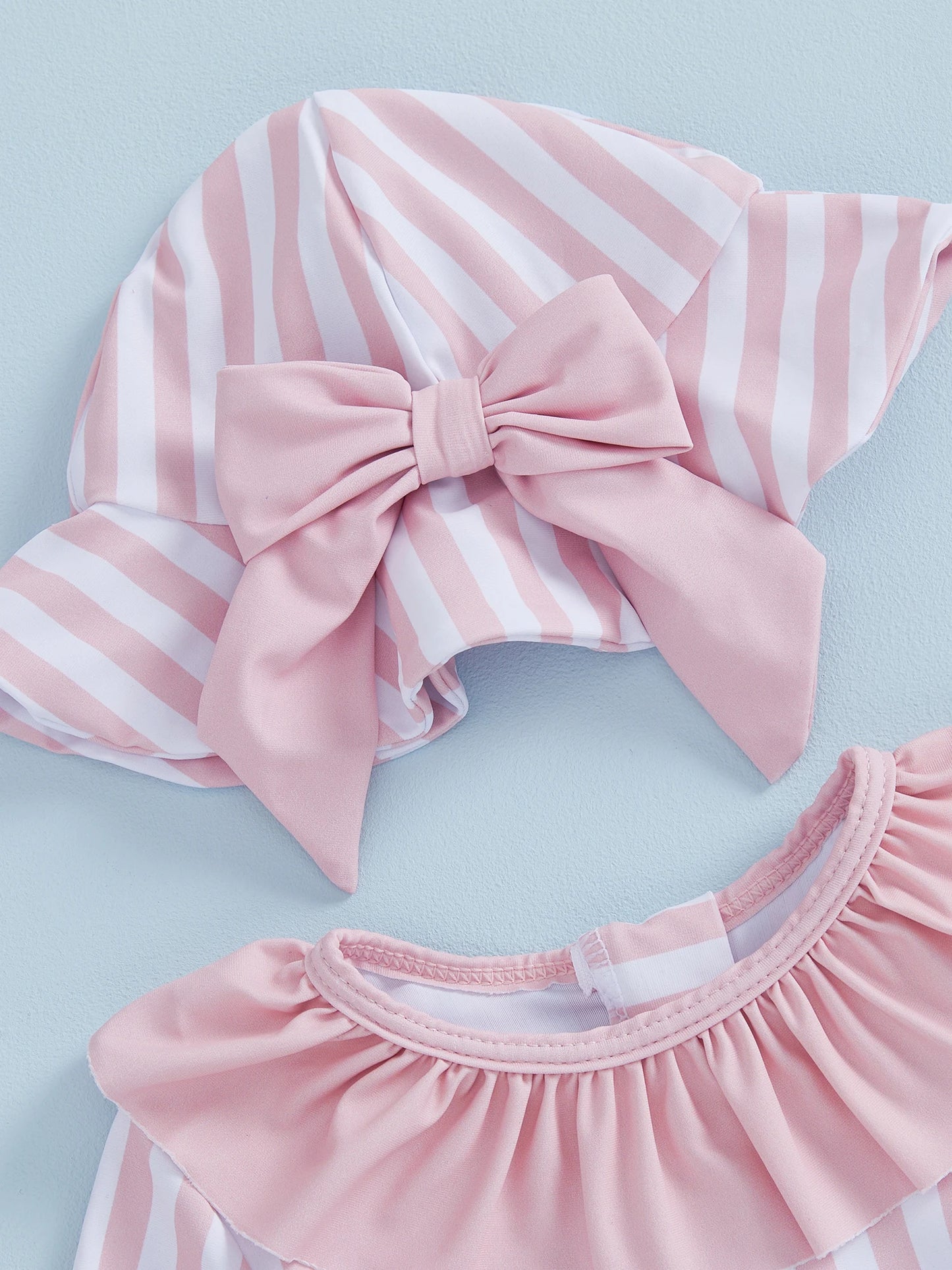 Baby Toddler Girls 3Pcs Swimsuit Ruffles Collar Long Sleeve Striped Print Bow Swimwear with Hat Set