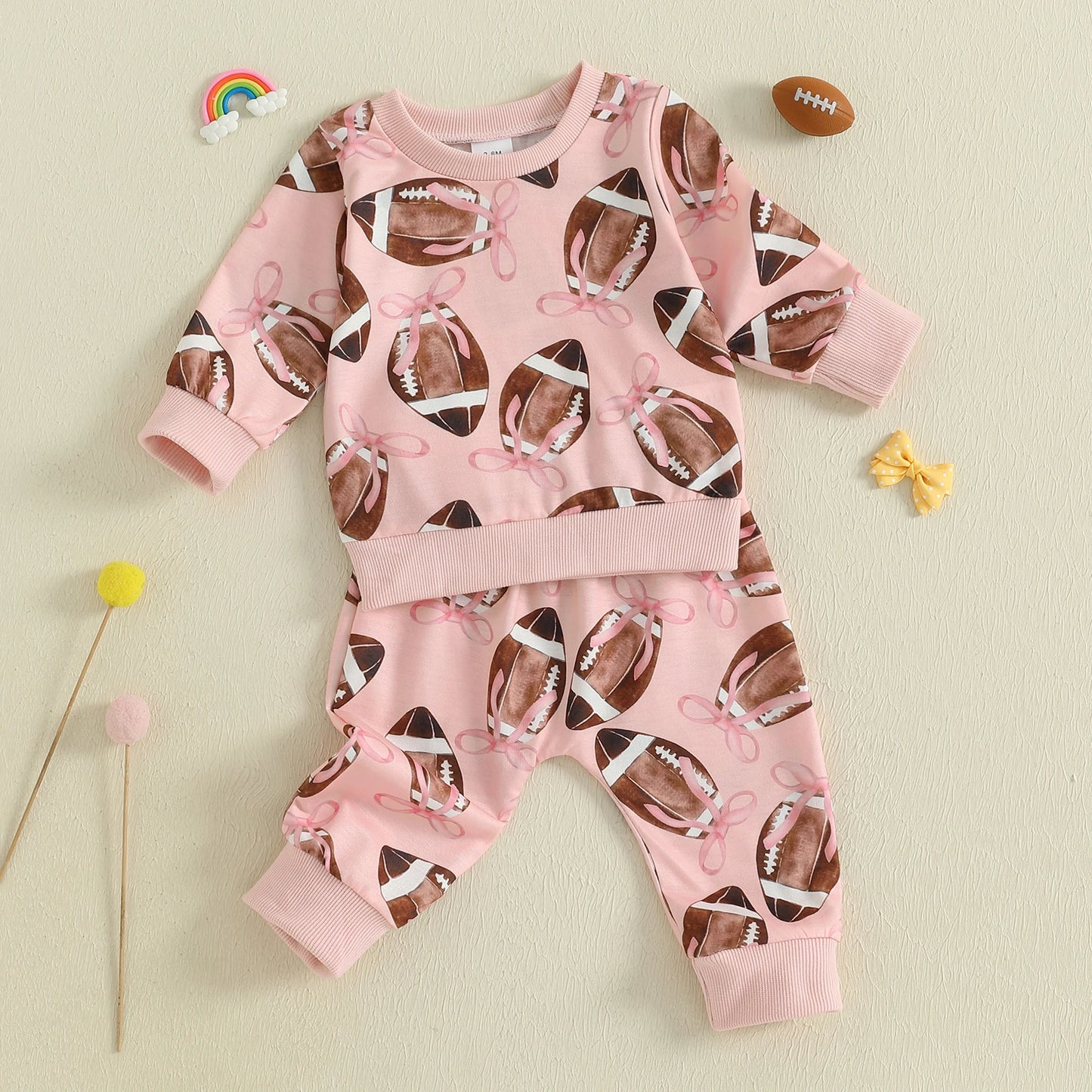 Baby Toddler Girls 2Pcs Fall Outfit Football Bow Print Crew Neck Long Sleeve Top with Pants Jogger Set