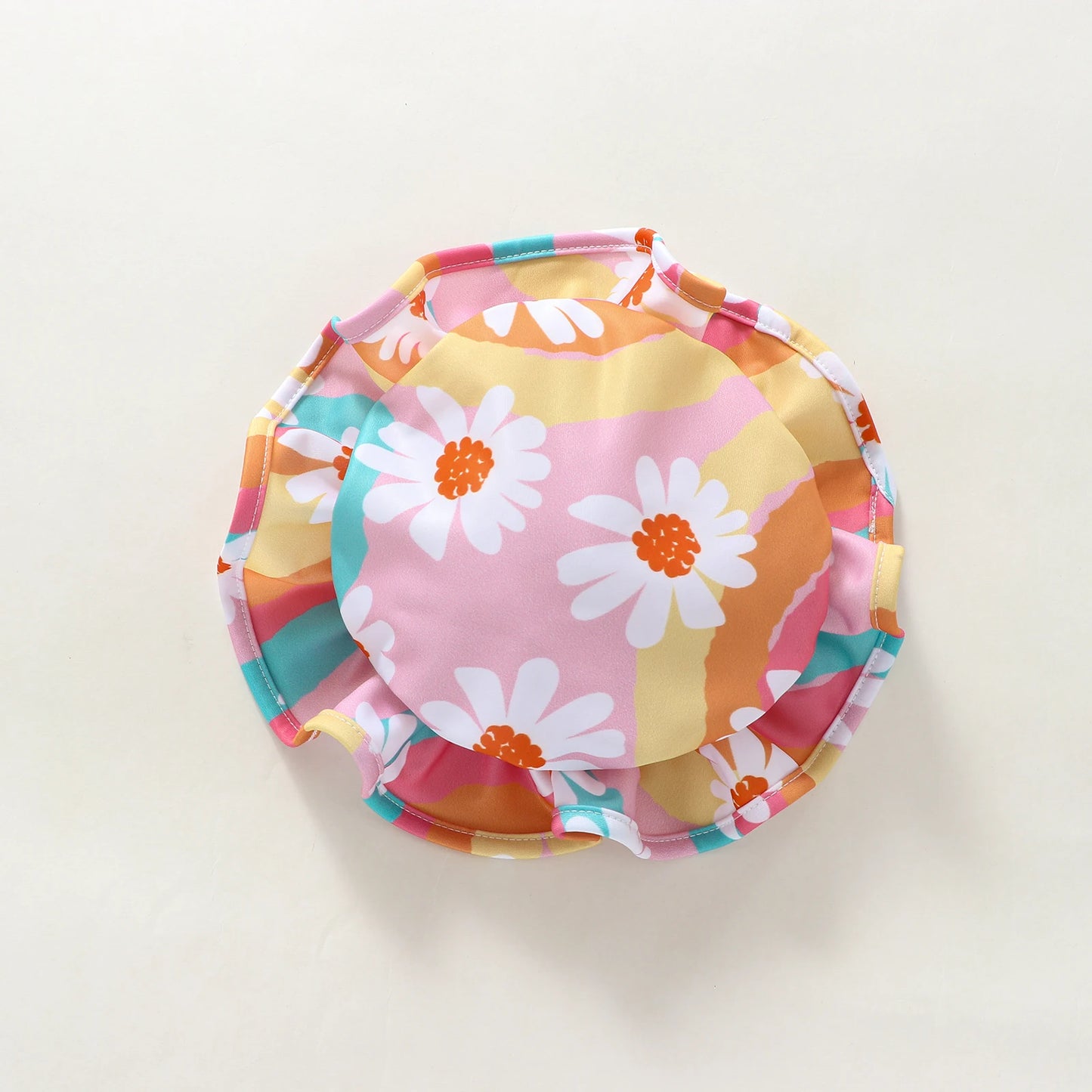 Baby Toddler Girls 2Pcs Romper Swimsuit Long Sleeve Ruffles Flowers Printed Zipper Beach Swimwear Bathing Suit + Hat Set