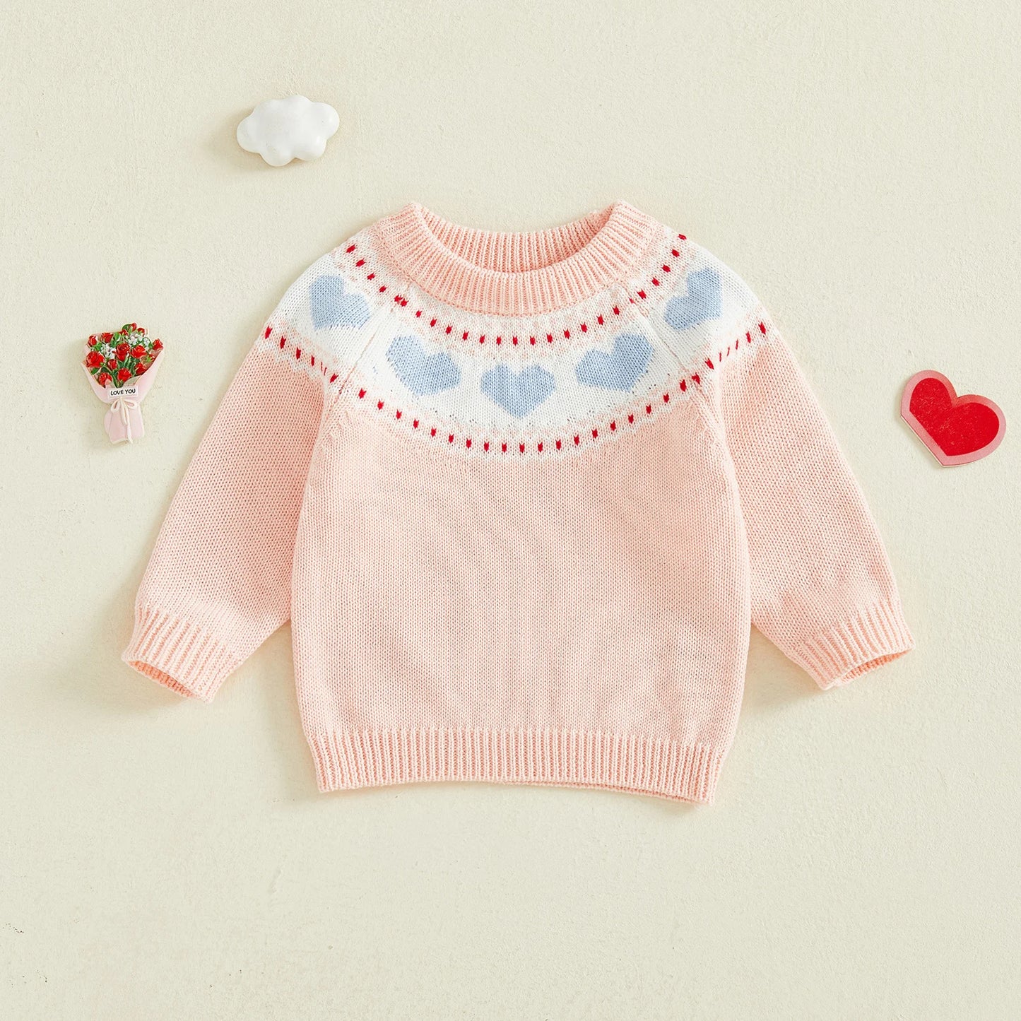 Baby Toddler Boy Girl Valentine's Day Sweater Heart Pattern Crewneck Long Sleeve Pullover Chunky Knit Top