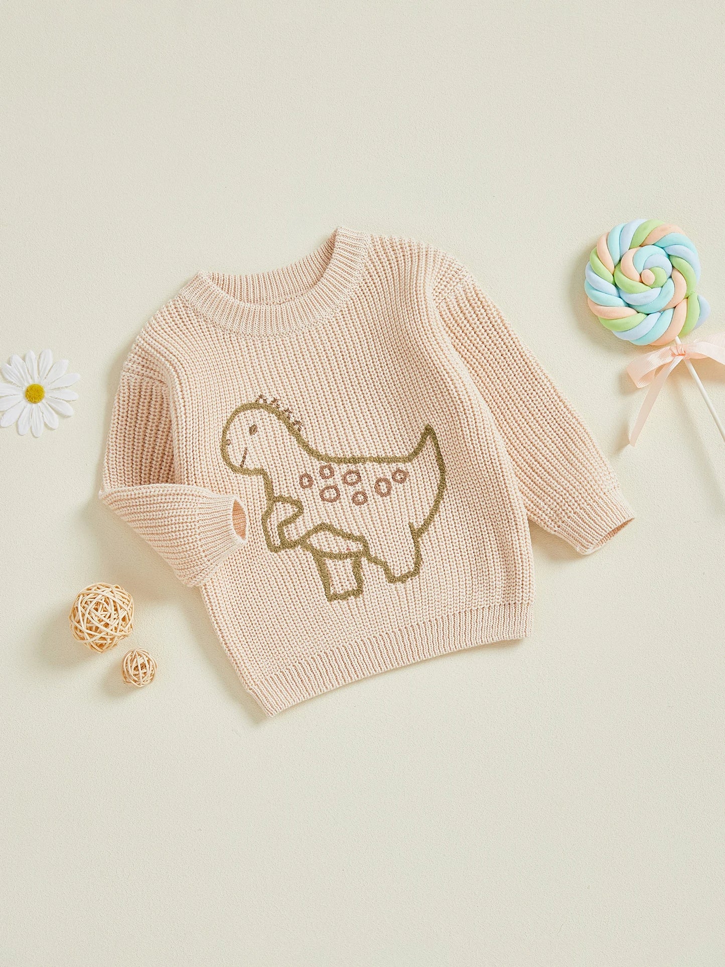 Baby Toddler Boy Sweater Long Sleeve Crew Neck Dinosaur Embroidery Knit Tops Comfortable Pullover