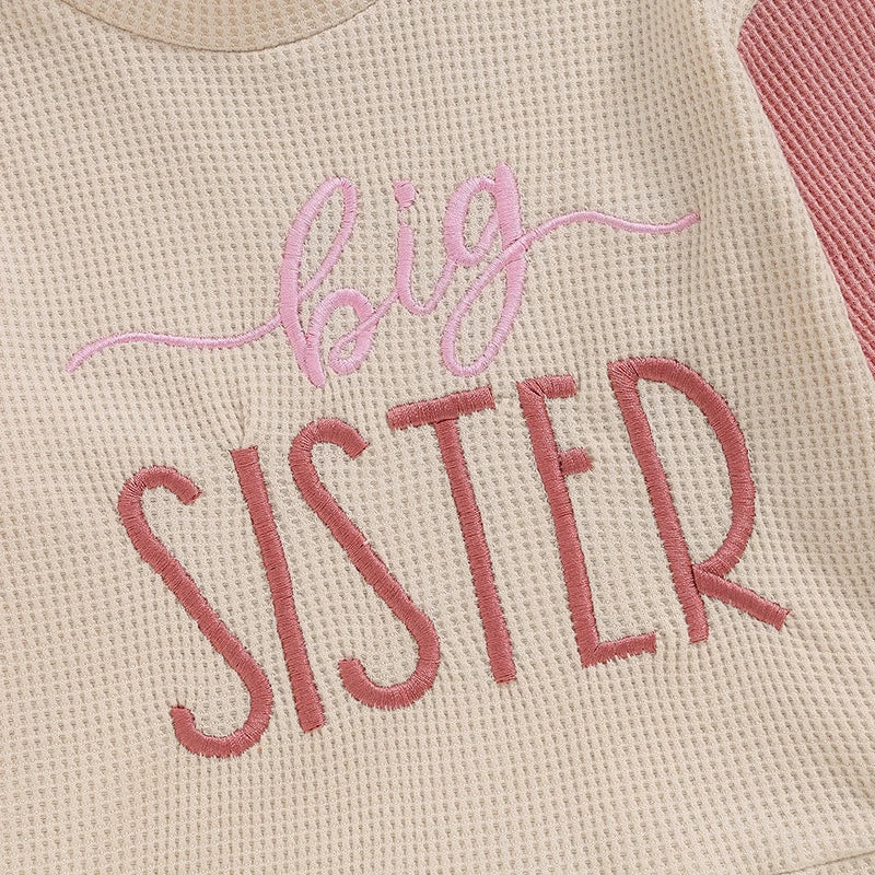 Toddler Kids Big Brother / Sister Pullover Letter Embroidery Round Neck Contrasting Color Long Sleeve Waffle Top