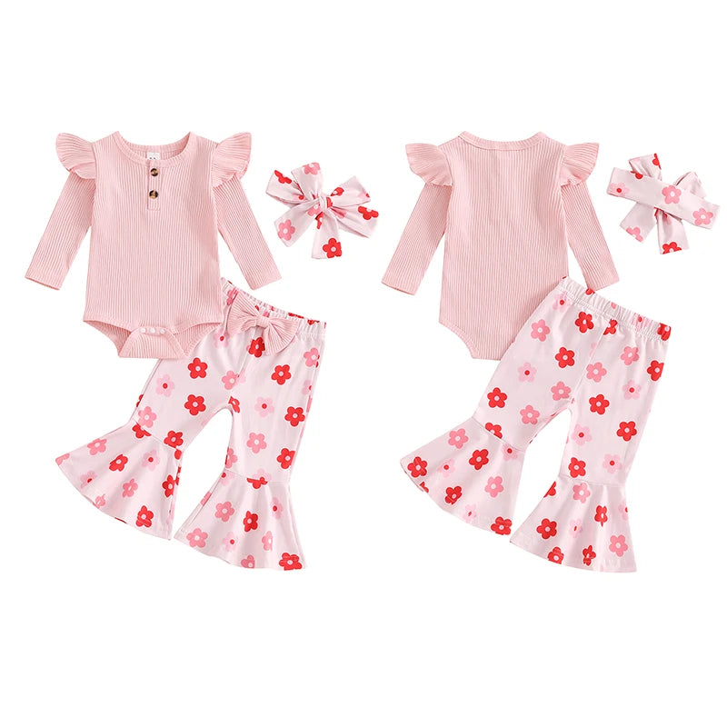 Baby Girl 3Pcs Fall Outfit Solid Color Ribbed Knit Long Sleeve Ruffle Shoulder Romper Flower Flared Pants Headband Set