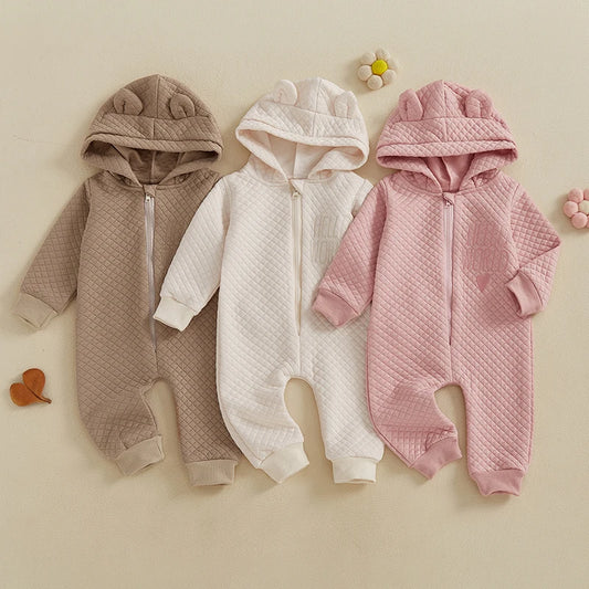 Baby Boys Girls Hello World Jumpsuit Long Sleeve Solid Hooded Hood with Ears Embroidery Letters Zipper Romper Clothes