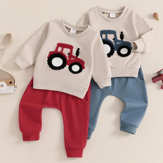 Baby Toddler Boys 2Pcs OutfitTractor Embroidery Long Sleeve Crewneck Top with Solid Long Pants Jogger Set