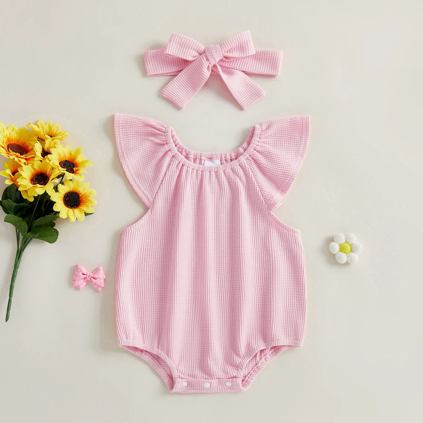 Baby Girl 2Pcs Spring Summer Waffle Romper Short Flying Sleeve O Neck Solid Color Romper with Headband Set