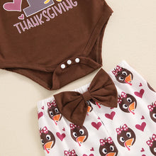 Load image into Gallery viewer, Baby Girl 3Pcs 1st First Thanksgiving Outfit Turkey Print Long Sleeve Romper Flared Pants Headband Set
