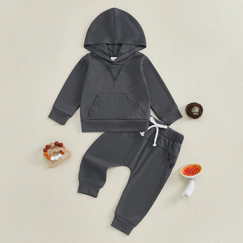 Baby Toddler Boys Girls Fall Outfit Ribbed Long Sleeve Hooded Top and Elastic Waist Pants Jogger Set