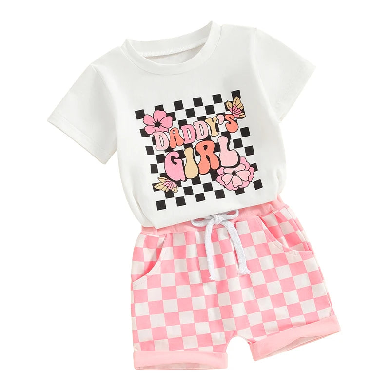 Toddler Baby Girl 2Pcs Outfit Daddy's Girl Letters Flowers Print Short Sleeve Top Checkered Pink Shorts Set