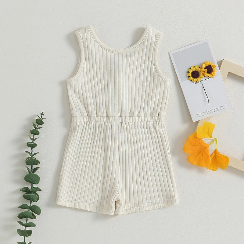 Baby Toddler Girls Ribbed Solid Color Tank Top Jumpsuit Button Down Romper