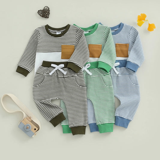 Baby Toddler Boys 2Pcs Fall Waffled Outfits Stripe Pocket Long Sleeve Round Neck Pullover + Elastic Waist Pants Jogger Set
