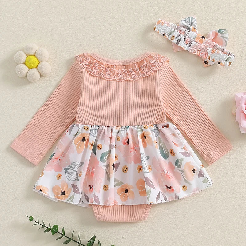 Baby Girls 2Pcs Romper Dress Floral Flower Print Lace Trim Long Sleeve Jumpsuit Romper and Headband Set