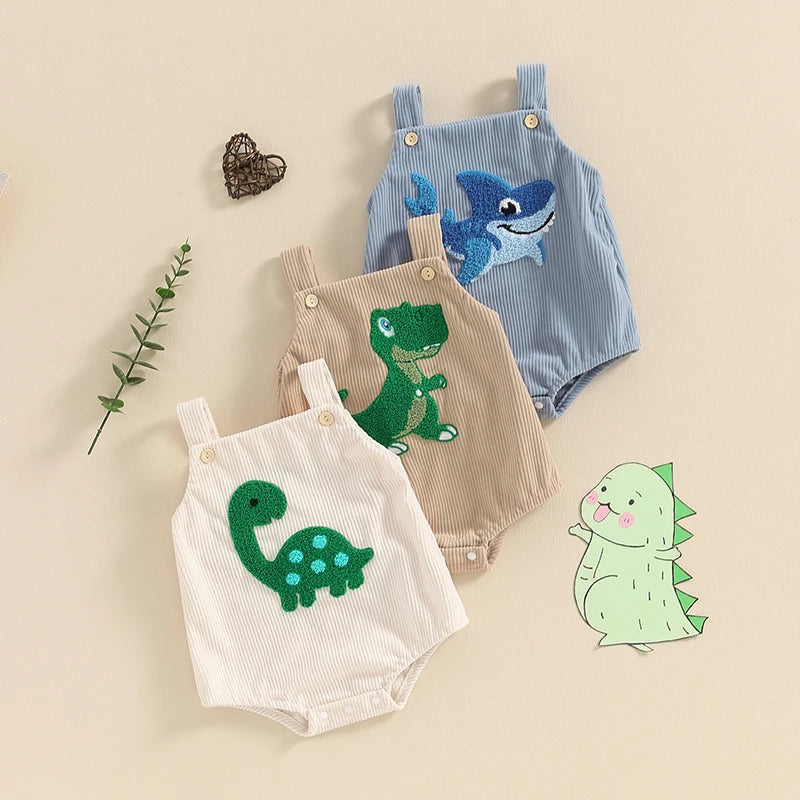 Baby Girls Boys Summer Romper Sleeveless Dinosaur Shark Rainbow Embroidery Button Ribbed Tank Top Overalls Romper