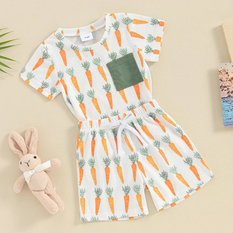 Baby Toddler Boy Girl 2Pcs Easter Outfit Short Sleeve Top with Shorts Carrot Print Clothes Set