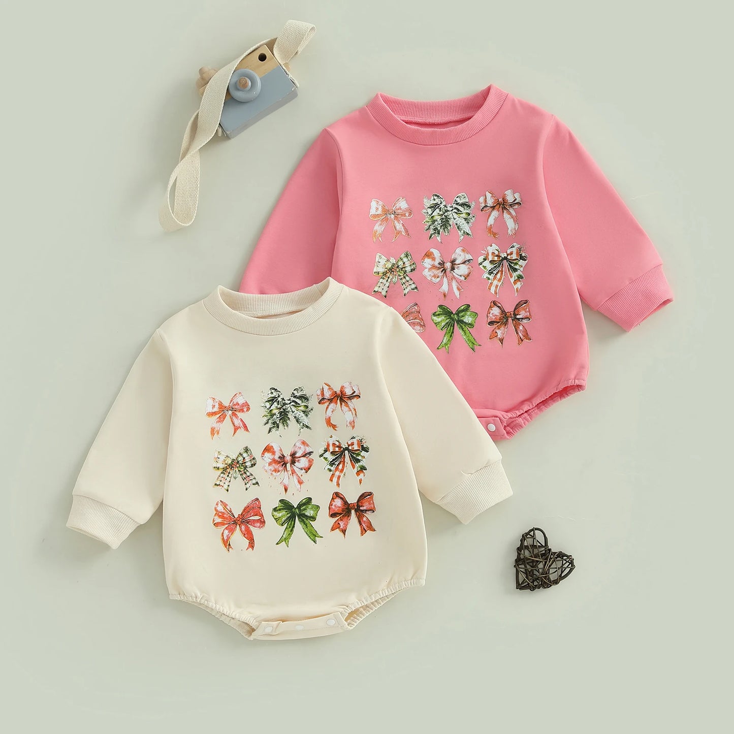 Baby Toddler Girls Christmas Bubble Romper Bow Print Long Sleeve Round Neck Jumpsuit