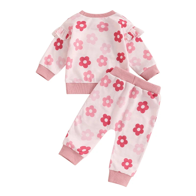 Baby Toddler Girls 2Pcs Fall Outfit Floral Flower Print Flying Sleeve Round Neck Pullover Top with Elastic Waist Pants Set