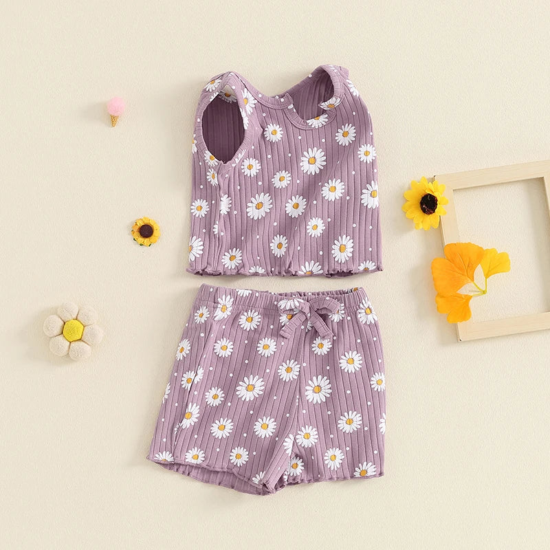 Baby Toddler Kids Girls 2Pcs Summer Clothes Set Sleeveless U Neck Flower Daisy Print Tank Top Shorts Set