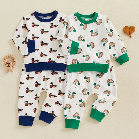 Baby Toddler Boys 2Pcs Fall Jogger Set Duck Print Long Sleeve Crew Neck Top with Elastic Waist Pants Outfit