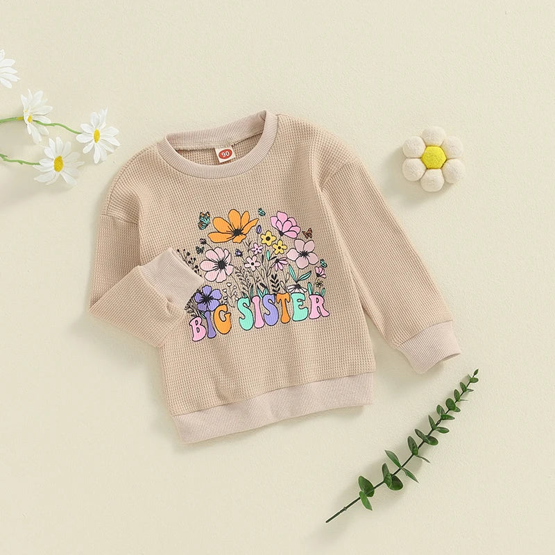 Toddler Kids Girls Big Sister Autumn Long Sleeve Crewneck Letter Flower Print Loose Fit Pullover Top